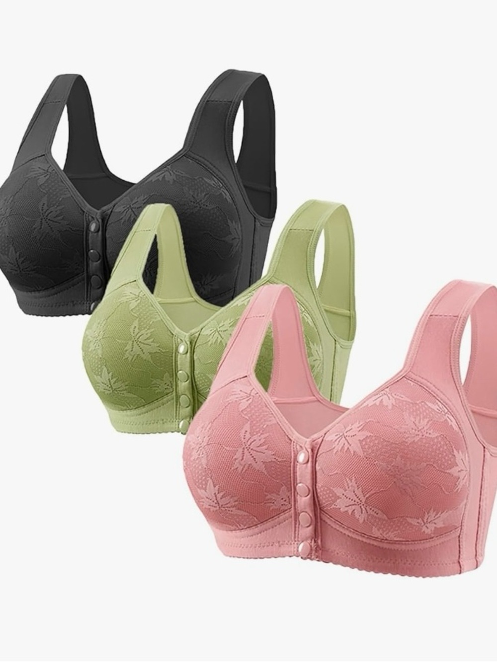 Set of 3 - Front-Closure Comfort Bra - Black, Green, Pink - Size XL